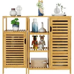 BAMNY Buffet, Meubles De Rangement, Pour Salon, Salon à Manger, Cuisine, Juego De Armoire Colonne Et Meuble De Salle De Bain, Avec 2 Portes Et 4 étagères, En Bambou