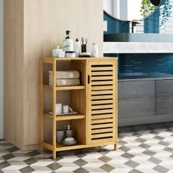 BAMNY Buffet, Meubles De Rangement, Pour Salon, Salon à Manger, Cuisine, Juego De Armoire Colonne Et Meuble De Salle De Bain, Avec 2 Portes Et 4 étagères, En Bambou -Buffet et enfilade Soldes 48825335 4