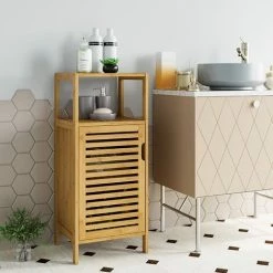 BAMNY Buffet, Meubles De Rangement, Pour Salon, Salon à Manger, Cuisine, Juego De Armoire Colonne Et Meuble De Salle De Bain, Avec 2 Portes Et 4 étagères, En Bambou -Buffet et enfilade Soldes 48825335 5