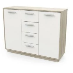 DEMEYERE Buffet Bas 2 Portes 4 Tiroirs Léo - Naturel Clair - Blanc Et Effet Bois -Buffet et enfilade Soldes 48920746 4