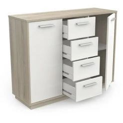 DEMEYERE Buffet Bas 2 Portes 4 Tiroirs Léo - Naturel Clair - Blanc Et Effet Bois -Buffet et enfilade Soldes 48920746 5