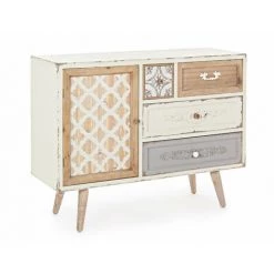 HELLIN Buffet Bas En Bois Patiné Vintage 1 Portes E 4 Tiroirs L105 - LILIE - Blanc -Buffet et enfilade Soldes 49302419 3