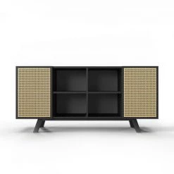 PRIVATEFLOOR Buffet Vintage En Bois De Manguier Et Rotin - Edan Noir - Bois Massif, Canne, Bois De Manguier, Chêne Contreplaqué - Noir