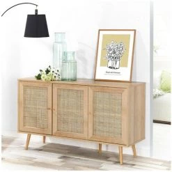 Buffet 3 Portes Avec Cannage Rotin L120 Cm - Calicosy - Bois Clair -Buffet et enfilade Soldes 49905531 2