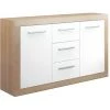 Buffet 2 Portes + 3 Tiroirs Coloris Chêne Cambrian / Blanc - Longueur 134 X Profondeur 35 X Hauteur 78 Cm -PEGANE-