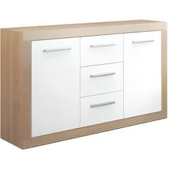 Buffet 2 Portes + 3 Tiroirs Coloris Chêne Cambrian / Blanc - Longueur 134 X Profondeur 35 X Hauteur 78 Cm -PEGANE-
