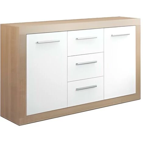 Buffet 2 Portes + 3 Tiroirs Coloris Chêne Cambrian / Blanc - Longueur 134 X Profondeur 35 X Hauteur 78 Cm -PEGANE- 1 Buffet 2 Portes + 3 Tiroirs Coloris Chêne Cambrian / Blanc - Longueur 134 X Profondeur 35 X Hauteur 78 Cm -PEGANE-