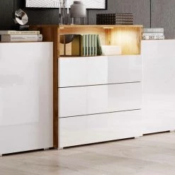 DECO IN PARIS Buffet Commodes 2 Portes 3 Tiroirs Chêne Et Blanc Avec LED - MARCEL - Bois Blanc -Buffet et enfilade Soldes 50042880 3