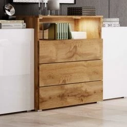 DECO IN PARIS Buffet Commodes 2 Portes 3 Tiroirs Blanc Et Bois Avec LED - MARCEL - Bois Clair -Buffet et enfilade Soldes 50042883 3