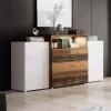 DECO IN PARIS Buffet Commodes 2 Portes 3 Tiroirs Blanc Et Chêne Vieilli Avec LED - MARCEL - Blanc