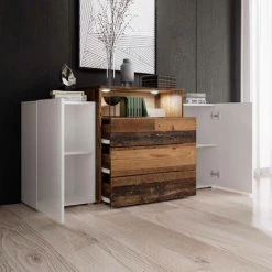 DECO IN PARIS Buffet Commodes 2 Portes 3 Tiroirs Blanc Et Chêne Vieilli Avec LED - MARCEL - Blanc -Buffet et enfilade Soldes 50042885 2