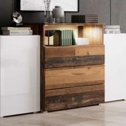 DECO IN PARIS Buffet Commodes 2 Portes 3 Tiroirs Blanc Et Chêne Vieilli Avec LED - MARCEL - Blanc -Buffet et enfilade Soldes 50042885 3