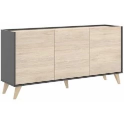 Buffet Meuble De Rangement 3 Portes Coloris Graphite/naturel - Longueur 155 X Hauteur 75 X Profondeur 43 Cm -PEGANE-
