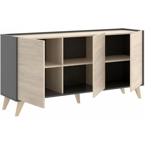 Buffet Meuble De Rangement 3 Portes Coloris Graphite/naturel - Longueur 155 X Hauteur 75 X Profondeur 43 Cm -PEGANE- 2 Buffet Meuble De Rangement 3 Portes Coloris Graphite/naturel - Longueur 155 X Hauteur 75 X Profondeur 43 Cm -PEGANE- – Image 2