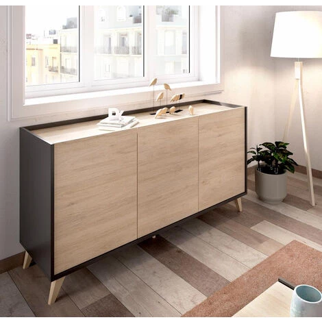 Buffet Meuble De Rangement 3 Portes Coloris Graphite/naturel - Longueur 155 X Hauteur 75 X Profondeur 43 Cm -PEGANE- 3 Buffet Meuble De Rangement 3 Portes Coloris Graphite/naturel - Longueur 155 X Hauteur 75 X Profondeur 43 Cm -PEGANE- – Image 3