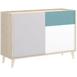 Buffet Bas 2 Portes Et 1 Tiroir Coloris Naturel Et émeraude - Longueur 105 X Hauteur 75 X Profondeur 43 Cm -PEGANE-