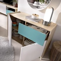 Buffet Bas 2 Portes Et 1 Tiroir Coloris Naturel Et émeraude - Longueur 105 X Hauteur 75 X Profondeur 43 Cm -PEGANE- -Buffet et enfilade Soldes 50697879 4