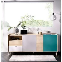 Buffet Meuble De Rangement Coloris Naturel Et émeraude - Longueur 180 X Hauteur 75 X Profondeur 43 Cm -PEGANE- -Buffet et enfilade Soldes 50697882 3