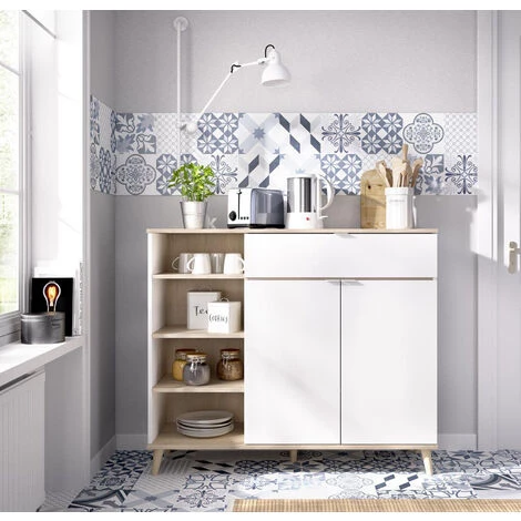 Buffet Meuble De Cuisine Coloris Blanc/naturel - Longueur 119 X Profondeur 40 X Hauteur 102 Cm -PEGANE- 3 Buffet Meuble De Cuisine Coloris Blanc/naturel - Longueur 119 X Profondeur 40 X Hauteur 102 Cm -PEGANE- – Image 3