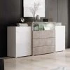 DECO IN PARIS Buffet Commodes 2 Portes 3 Tiroirs Gris Béton Blanc Avec LED - MARCEL - Blanc Gris