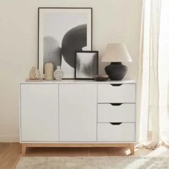 ALICE'S GARDEN Buffet De Rangement Blanc. Pieds Bois - Floki - Avec 3 Tiroirs. Buffet 2 Portes. 120x39.5x75 Cm - Blanc -Buffet et enfilade Soldes 50740852 3