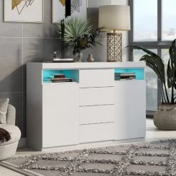 ORGANNICE Commode LED Moderne, Buffet, Meuble De Cuisine, Buffet Haut, Meuble Polyvalent, Meuble De Rangement Avec Beaucoup D'espace De Rangement Pour Votre Salon, Salle à Manger, Blanc 139*36.5*92cm - Blanc -Buffet et enfilade Soldes 50933604 3