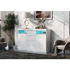 ORGANNICE Commode LED Moderne, Buffet, Meuble De Cuisine, Buffet Haut, Meuble Polyvalent, Meuble De Rangement Avec Beaucoup D'espace De Rangement Pour Votre Salon, Salle à Manger, Blanc 139*36.5*92cm - Blanc -Buffet et enfilade Soldes 50933604 5