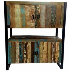 LES TENDANCES Armoire De Rangement 4 Portes Bois Massif Multicolore Et Pieds Métal Noir Limba