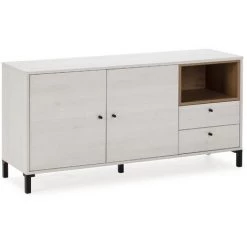 VS VENTA-STOCK Buffet Bas Javea 2 Tiroirs, 2 Portes Et 1 Niche, Couleur Blanc/Bois, 136,5 Cm Largeur - BLANC