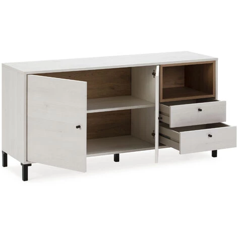 VS VENTA-STOCK Buffet Bas Javea 2 Tiroirs, 2 Portes Et 1 Niche, Couleur Blanc/Bois, 136,5 Cm Largeur - BLANC 2 VS VENTA-STOCK Buffet Bas Javea 2 Tiroirs, 2 Portes Et 1 Niche, Couleur Blanc/Bois, 136,5 Cm Largeur - BLANC – Image 2