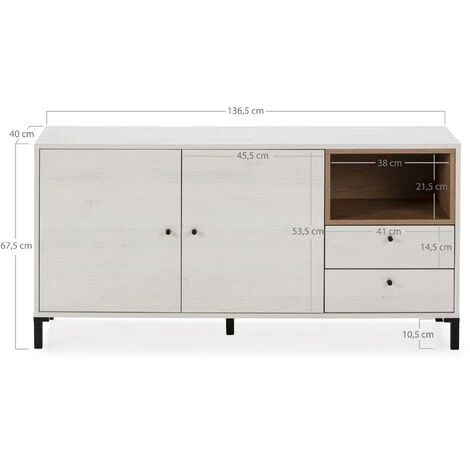 VS VENTA-STOCK Buffet Bas Javea 2 Tiroirs, 2 Portes Et 1 Niche, Couleur Blanc/Bois, 136,5 Cm Largeur - BLANC 3 VS VENTA-STOCK Buffet Bas Javea 2 Tiroirs, 2 Portes Et 1 Niche, Couleur Blanc/Bois, 136,5 Cm Largeur - BLANC – Image 3