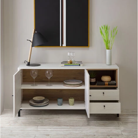 VS VENTA-STOCK Buffet Bas Javea 2 Tiroirs, 2 Portes Et 1 Niche, Couleur Blanc/Bois, 136,5 Cm Largeur - BLANC 5 VS VENTA-STOCK Buffet Bas Javea 2 Tiroirs, 2 Portes Et 1 Niche, Couleur Blanc/Bois, 136,5 Cm Largeur - BLANC – Image 5