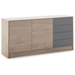 VS VENTA-STOCK Buffet Panama 4 Tiroirs, 2 Portes, Couleur Bois Et Gris, 136 Cm Largeur - BOIS
