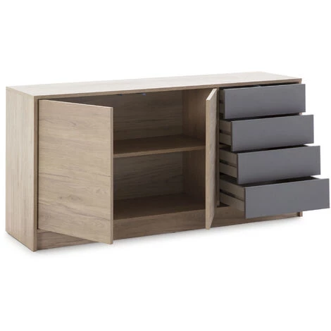 VS VENTA-STOCK Buffet Panama 4 Tiroirs, 2 Portes, Couleur Bois Et Gris, 136 Cm Largeur - BOIS 2 VS VENTA-STOCK Buffet Panama 4 Tiroirs, 2 Portes, Couleur Bois Et Gris, 136 Cm Largeur - BOIS – Image 2