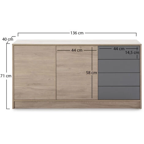 VS VENTA-STOCK Buffet Panama 4 Tiroirs, 2 Portes, Couleur Bois Et Gris, 136 Cm Largeur - BOIS 3 VS VENTA-STOCK Buffet Panama 4 Tiroirs, 2 Portes, Couleur Bois Et Gris, 136 Cm Largeur - BOIS – Image 3