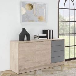VS VENTA-STOCK Buffet Panama 4 Tiroirs, 2 Portes, Couleur Bois Et Gris, 136 Cm Largeur - BOIS 8 VS VENTA-STOCK Buffet Panama 4 Tiroirs, 2 Portes, Couleur Bois Et Gris, 136 Cm Largeur - BOIS -Buffet et enfilade Soldes 51239576 4
