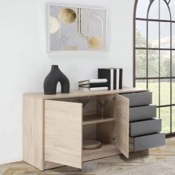 VS VENTA-STOCK Buffet Panama 4 Tiroirs, 2 Portes, Couleur Bois Et Gris, 136 Cm Largeur - BOIS 9 VS VENTA-STOCK Buffet Panama 4 Tiroirs, 2 Portes, Couleur Bois Et Gris, 136 Cm Largeur - BOIS -Buffet et enfilade Soldes 51239576 5