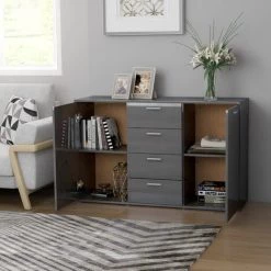 YOUTHUP Buffet Gris Brillant 120x35,5x75 Cm Aggloméré - Gris 7 YOUTHUP Buffet Gris Brillant 120x35,5x75 Cm Aggloméré - Gris -Buffet et enfilade Soldes 51877076 3