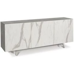 CAESAROO Buffet à 3 Portes 174x43 Cm Avec Ouverture Push - Pull Couleur Ciment Et Marbre Calacatta | Ciment / Blanc