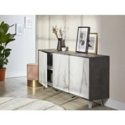 CAESAROO Buffet à 3 Portes 177x41 Cm Avec Ouverture Push - Pull Couleur Oxyde Noir Et Marbre Calacatta | Noir D'oxyde Et Marbre