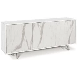 CAESAROO Buffet à 3 Portes 177x41 Cm Avec Ouverture Push - Pull Couleur Oxyde Blanc Et Marbre Calacatta | Oxyde Blanc Et Marbre