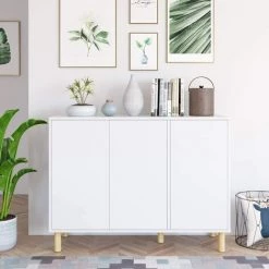 AICOK Meuble De Rangement, Commode Buffet Scandinave Salon Armoire Rangement Meuble Sur Pieds Étagères Réglable Avec 3 Portes En Bois Blanc 107x40x80cm -Buffet et enfilade Soldes 52668388 5