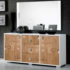 DANSMAMAISON Buffet 2 Portes 3 Tiroirs Laqué Blanc Brillant/Bois - AVELLINO - L 160 X L 50 X H 82 Cm - Bois