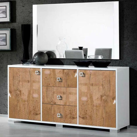 DANSMAMAISON Buffet 2 Portes 3 Tiroirs Laqué Blanc Brillant/Bois - AVELLINO - L 160 X L 50 X H 82 Cm - Bois 1 DANSMAMAISON Buffet 2 Portes 3 Tiroirs Laqué Blanc Brillant/Bois - AVELLINO - L 160 X L 50 X H 82 Cm - Bois