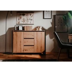 CAESAROO Buffet 122x40 Cm Minorca Chêne Artisanal Et Gris Anthracite Avec Deux Portes Et Trois Tiroirs | Chêne Et Gris -Buffet et enfilade Soldes 52804209 4