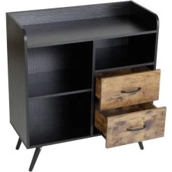Soges Meuble De Rangement Avec 2 Tiroirs 3 étagères Ouvertes, Armoire Autoportante Avec 4 Pieds, Armoire Latérale D'appoint, Organisateur De Rangement De Buffet En Bois Pour Chambre Bureau à Domicile, FJGS-ST12WT - Noir -Buffet et enfilade Soldes 52884497 5
