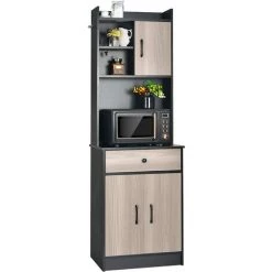 COSTWAY Buffet De Cuisine Meuble Cuisine Rangement Avec 3 Portes Et 1 Niche De Rangement, Passe-Câble 60 X 40 X 180 CM Noir
