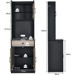 COSTWAY Buffet De Cuisine Meuble Cuisine Rangement Avec 3 Portes Et 1 Niche De Rangement, Passe-Câble 60 X 40 X 180 CM Noir -Buffet et enfilade Soldes 52966482 5