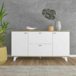 DANSMAMAISON Buffet 2 Portes 2 Tiroirs Bois/Blanc - QUIRUTA - L 140 X L 40 X H 75 Cm - Bois Clair -Buffet et enfilade Soldes 53054738 2