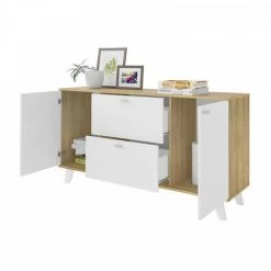 DANSMAMAISON Buffet 2 Portes 2 Tiroirs Bois/Blanc - QUIRUTA - L 140 X L 40 X H 75 Cm - Bois Clair -Buffet et enfilade Soldes 53054738 4